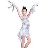 SHADIOA Mädchen Performance Kostüme Latin Dance Dress, Quaste Rumba Samba Ballsaal Übungskleidung Wettbewerb Professionelle Bühnenprüfung Cha Cha Röcke,Weiß,M