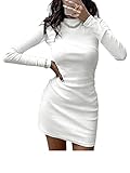 iSayhong Damen Casual Langarm Bodycon Kleid gerippt Rundhalsausschnitt Slim Fit Kurz Club Party Mini T-Shirt Kleider, weiß, L