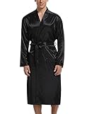 Aseniza Herren Robe Satin kimono Morgenmantel Leicht Lang Bademantel mit Gürtel Hausmantel seide V-Ausschnitt Nachtwäsche Schwarz XL