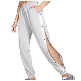 Juokeiat Damen Seitlicher Knopfleiste Trainingshose Zum öffnen Button Up Sporthose Hoher Taille Freizeithose Elastisch Bund Jogginghose Streifen Fitnesshose Lässige Locker Schlupfhose mit T