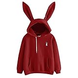 Kapuzenpullover Damen Oversize Hoodie Fleece Sweatshirt Fleece Rundkragen Niedlichen Hasen Ohren Herbst Hoodies Frauen Pullover Oberteile Langarmshirt Mode Pulli mit Kordel und T