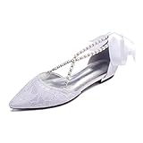 QXue Ballerinas Flache Brautschuhe Damen Perle Spitze Hochzeit Kleid Party Brautjungfer Schuhe 36-43,Weiß,40 EU