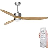 Ovlaim 132cm Deckenventilator mit Holzflügeln und LED Beleuchtung (3 Farbe), inkl. Fernbedienung (6 Geschwindigkeit), Energiespar DC-Motor Super Leise, geeignet für Sommer & Winter - Natur & Silb