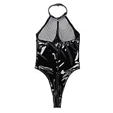 Damen Wetlook BodyLeder Bodysuit Brust Harness PU Leder Halsband mit Kette Erotik String Body Unterwäsche Gogo Unterwäsche Clubwear mit Neck