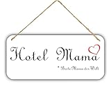 Geschenkschilder - Hotel Mama 22x10 cm | Außen Garten-Deko | Plexiglas Weiß Herz Türschild Fenster Wand-bild Außendeko | Mit Kordel zum Aufhängen | Wetterfest Terasse Hauseingang | Beste Mama der W