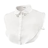 Wearlizer Frauen Kragen Abnehmbare Hälfte Shirt Bluse mit Strass Weiß (Chiffon Perle Strass)