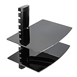 Vemount Floating Shelves DVD-Wandhalterung 2-stufiger schwarzer Ständer mit verstärktem gehärtetem Glas für DVD-Player-Verstärkerlautsprecher Sky-Kabelboxen Xbox-Spielekonsolen, 10 kg pro F