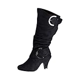 Briskorry Damen Halbhohe Stiefel High Heels Blockabsatz Stiefeletten Reißverschluss Kniestiefel Damenstiefel Kniehohe Reitstiefel Winterboots Schnalle W