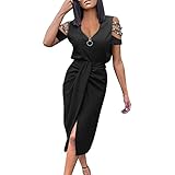 BUKINIE Damen Sommerkleid, schulterfrei, Midi-Kleid, leger, kurzärmelig, halber Reißverschluss, sexy, hoher Schlitz, einfarbig, Cocktail-Party, Bleistiftkleid, Schwarz , X-Larg