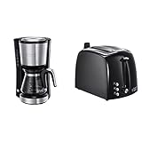 Russell Hobbs Mini-Kaffeemaschine Compact Edelstahl, 0,6l Glaskanne, bis 5 Tassen, Permanentfilter & Toaster Textures+, 2 extra breite Toastschlitze, Brötchenaufsatz & integrierte Toast-Zang