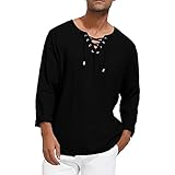 BIBOKAOKE Hemd Herren Langarm V-Ausschnitt mit Schnürung Freizeithemd Leinenoptik Sommerhemd Langarmshirt ArbeitsHemd Mode 3/4 Ärmel T-Shirt Regular Fit Henley Shirt L
