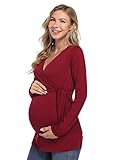 KOJOOIN Damen Stillshirt V-Neck Umstandsshirt Lose Schwangerschaftsshirt Umstandsmode Nursing Tops Weinrot(Langarm) S