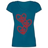 Valentinstag Partner Geschenke - Love me, Kiss me, Hug me mit Herzen - rot - XL - Türkis - Kurzarm - XO1525 - Damen T-Shirt mit V