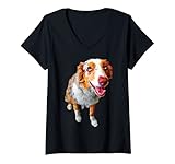 Damen Australian Shepherd Merle sitzender lächelnder Hund T-Shirt mit V