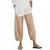 FGUUTYM Hose Sommer Damen Hose Baumwolle Frauen Taille Ernte lose Farbe rein und Hose Harem Leinen elastisch mit Tasche Frauen Freizeithose Stoffhose Damen schwarz high Waist (Khaki, XXXL)