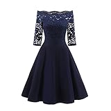 Lazzboy Kleider Damen Hochzeitskleider Schulterfrei Spitzenkleid Halbarm Hochzeit Party Kleid Kurz Brautjungfer Cocktail Floral Rockabilly Vintage Spitze Kurzarm Abendkleider (Marine,L)