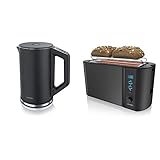 Arendo 847416384 schwarz Wasserkocher Mit Temperaturanzeige, 18/8 Edelstahl & Edelstahl Toaster Langschlitz 4 Scheiben - Defrost Funktion - wärmeisolierendes Gehäuse - Schwarz M