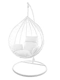 Kideo Komplettset: großer Hängesessel mit Gestell & Kissen, Indoor & Outdoor, Poly-Rattan (Korb & Gestell: weiß, Kissen: weiß Nest (1000 Snow))