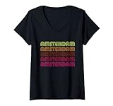 Damen Retro Amsterdam Niederlande Inline Schrift Disco Design Vintage T-Shirt mit V