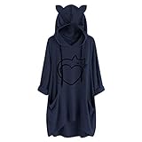 Lazzboy Kapuzenpullover Frauen Druck Katzen Ohr Mit Kapuze Langärmliges Unregelmäßiges Spitzenblusen Hemd Damen Lang Oversize Hoodie Pullover Sweatshirt(Marine,5XL)