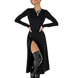 Women Long Sleeve High Slit Fall Dress Sexy Button Round Neck High Waist Slit Long Bodycon Maxi Dress Party Wedding Guest (Black, Small)