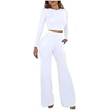 Allence 2 Stücke Frauen Einfarbig Slim Fit Top + Schlaghose Hosen weites Bein Hosen Pants zweiteiliges Set Bekleidung