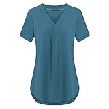Damen T-Shirt Chiffon Einfarbig V-Ausschnitt Kurzarm Top Damen Casual Hemd Saum Asymmetrisch Locker Shirt Tunika Damen elegant T-Shirt D-Blue(A) S