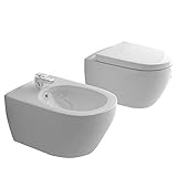 Spülrandloses Hänge-WC & Bidet mit Überlauf & Quick-Release D-Form WC-Sitz mit Absenkautomatik & inkl. Befestigungsmaterial | Komplett-Set | Rimless Toilette | Innovative Wasserführung