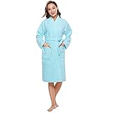 Damen-Bademantel mit langem Arm und verstellbarem Gürtel, Taschendekoration, einfarbige Kleidung, blau, X-Larg