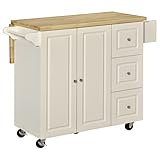 HOMCOM Küchenwagen Kücheninsel mit Arbeitsplatte Rollen Schublade und verstellbares Regal Küchenschrank Gummiholz MDF Weiß+Natur 111,5 x 45-75 x 89