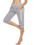 Doaraha Damen Caprihose 3/4 Jogginghose Trainingshose Elegant Relaxhose Sportleggings Yogahose mit Kontraststreifen für Sport und Freizeit, Hellgrau, M