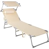 TecTake 800772 Sonnenliege mit Dach, klappbare Strandliege, Gartenliege mit Kopfkissen, Sonnendach verstellbar, Liegestuhl mit Verstellbarer Rückenlehne - Diverse Farben - (Beige | Nr. 403417)