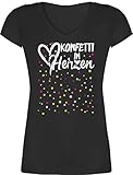 Karneval & Fasching Kostüm Outfit - Konfetti im Herzen - weiß - L - Schwarz - blaues Shirt Langarm Damen Karneval - XO1525 - Damen T-Shirt mit V