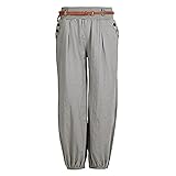 Vertvie Damen Hosen Lang Chino Einfarbig Sommerhose Pumphose Haremshose Aladinhose Pluderhose Baggy Harem Stil Strandhose mit Gürtel(Grau, M)