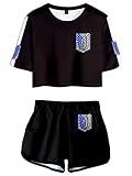 AMOMA Damen Mädchen Anime Attack on Titan 3D Digitaldruck Crop Top T-Shirt und Shorts Zweiteilige Cosplay Trainingsanzug(XXL,ALogoBlack)