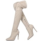 cynllio Sexy Overknee-Stiefel für Damen, Stiletto, hoher Absatz, spitzer Zehenbereich, Oberschenkelhohe Stiefel, Beige - 4 Beige - Größe: 41.5 EU