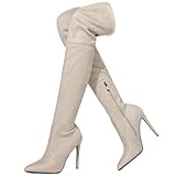 cynllio Sexy Overknee-Stiefel für Damen, Stiletto, hoher Absatz, spitzer Zehenbereich, Oberschenkelhohe Stiefel, Beige - 4 Beige - Größe: 41.5 EU
