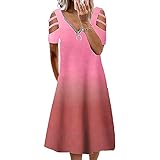 AmShibel Sommerkleider für Damen, lässig, V-Ausschnitt, kurze Ärmel, Schulterriemen, Sommerkleid mit Reißverschluss, Midi-Kleid, Farbverlauf Pink, M