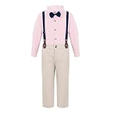 JEATHA 2tlg Baby Jungen Bekleidungssets Gentleman Outfits Hemd + Fliege + Hose mit Hosenträgern Smoking Streifen Langarmshirts Kinder Taufe Hochzeit Bekleidung Festliche i_Rosa 68-74