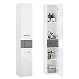 Dripex Badezimmer Hochschrank Schrank in weiß Hochglanz, 180 x 30 x 31cm Badschrank schmal, Badregal mit Schublade, 4 Fächer und 2 Tü