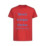 Kinder T-Shirt Bedrucken - Text und Bild individuell Jungen Mädchen T-Shirt Drucken Lassen | Personalisiert Farbe Rot, Größe 146/152