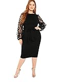 DIDK Damen Netz Figurbetontes Kleid Schlauch Kleider mit Knoten Gürtel Stickerei Blumen Applikation Bishop Knielang Bleistift Einfarbig Party,3XL, Schwarz U-B