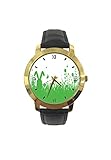 Frühlingsfeld-Silhouette Illustration abstrakte Gras Blumen Osterhase Mode Herren Armbanduhr Quarz Lederband Freizeit U