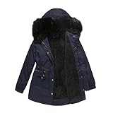 Winter Fleece gefütterte Mäntel für Frauen Plus Size Dicker Plüsch Oberbekleidung Winddichte Jacken Warme Kapuze Parka Cardigan mit Fellkapuze und Taschen, HHB02#Navy, 50