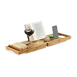 Relaxdays Badewannenablage Bambus, ausziehbares Badewannenbrett mit Buchstütze und Glashalter, HBT: 19x107,5x23cm,