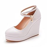 Klassische Hochzeitsschuhe Für Damen Keilabsatz, Runder Zeh Plateau Brautschuhe Partei Abend Pumps Größe,Weiß,39 EU