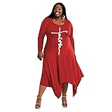 KKLLHSH Plus Size Damenbekleidung Runder Kragen Herbst Stretchdruck Unregelmäßiges Swing Midikleid-B_XXL