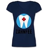 Karneval & Fasching Kostüm Outfit - Zahnfee Zahn mit Kreuz - XL - Dunkelblau - Geschenk - XO1525 - Damen T-Shirt mit V