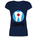 Karneval & Fasching Kostüm Outfit - Zahnfee Zahn mit Kreuz - 3XL - Dunkelblau - Kreuz - XO1525 - Damen T-Shirt mit V