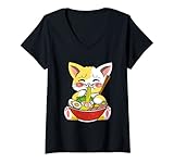 Damen Anime Cat Noodles Ramen Japanisches Nook-Katzenfutter T-Shirt mit V